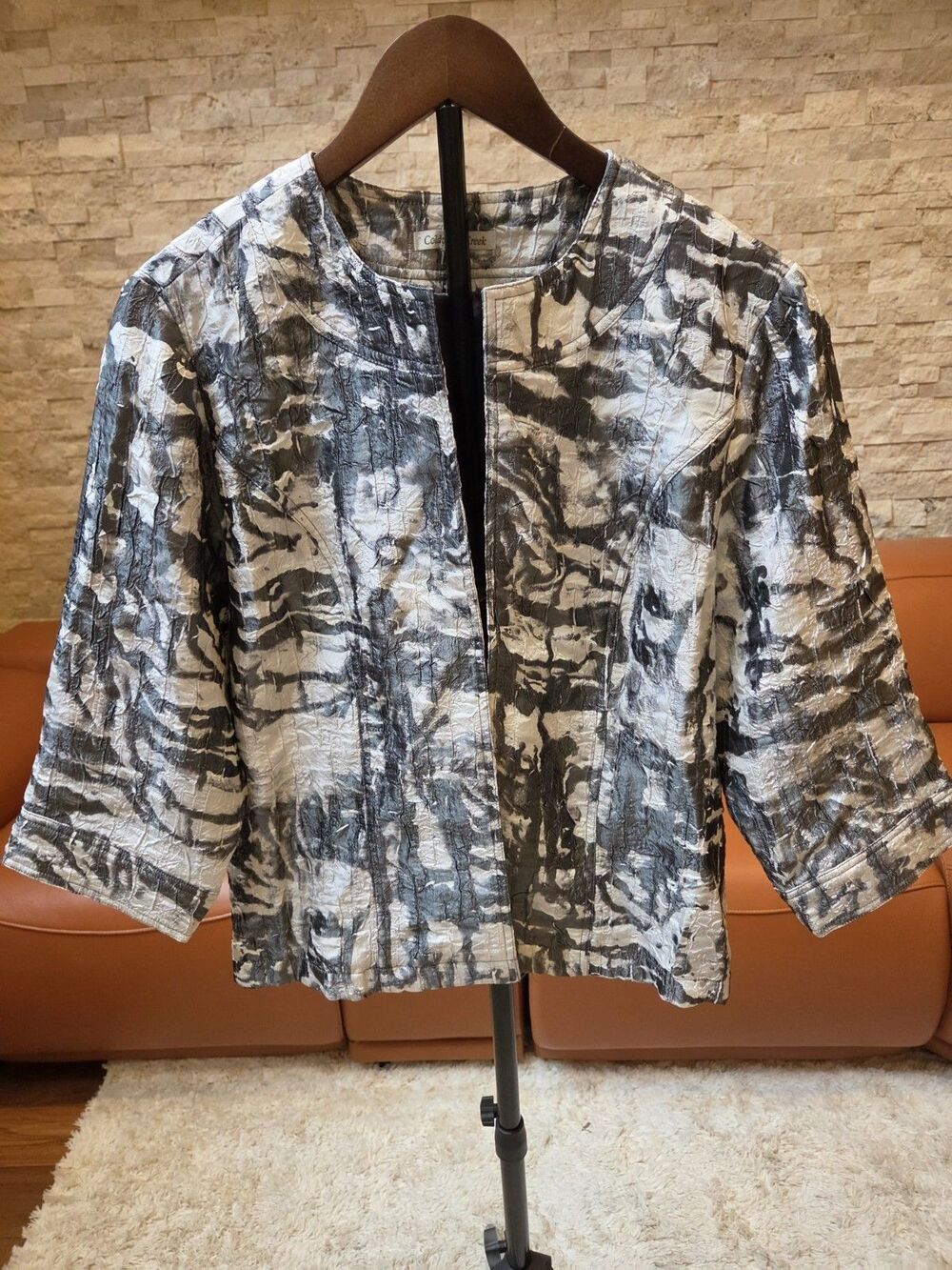 Coldwater Creek Women Petite Open Front Blazer Abstract Crinkle Hook & Eye Asian